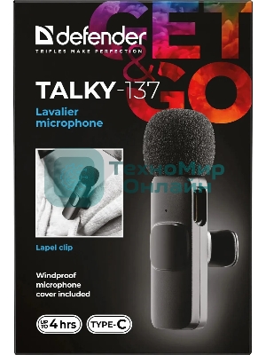 Петличный микрофон Defender Talky-137 wrls, черный, на прищепке, 1шт