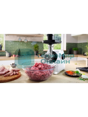 Мясорубка электрическая Bosch MFWS609W белый/черный, 2100 Вт, 3.5 кг/мин, реверс, насадки - 4