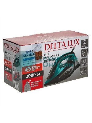 Утюг Delta Lux DE-3000 черный/бирюзовый, 2000 Вт, 20±5 г/мин, 130 г/мин, 320 мл