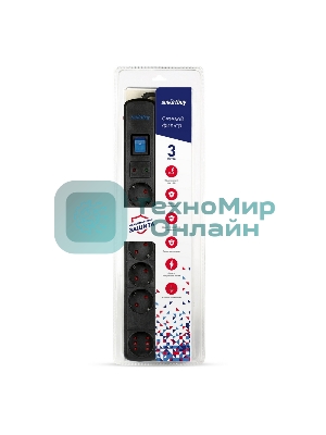 Сетевой фильтр Smartbuy (SBSP-30K-Pro) - 6 роз х3,0 м - черный