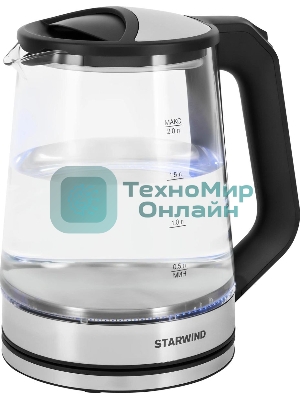 Чайник электрический Starwind SKG2112 2 л, 1800 Вт, черный/прозрачный корпус: стекло