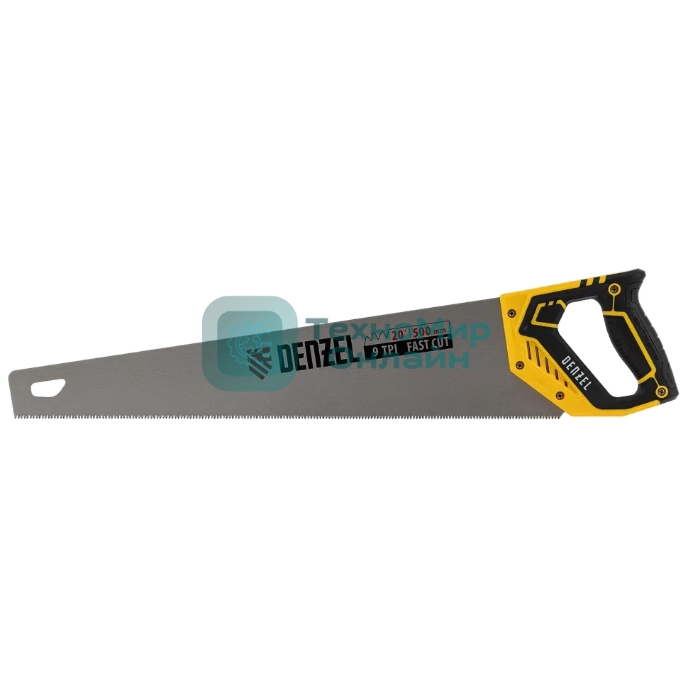 Ножовка по дереву Denzel 500 мм, 9 TPI, зуб 3D, двухкомпонентная рукоятка