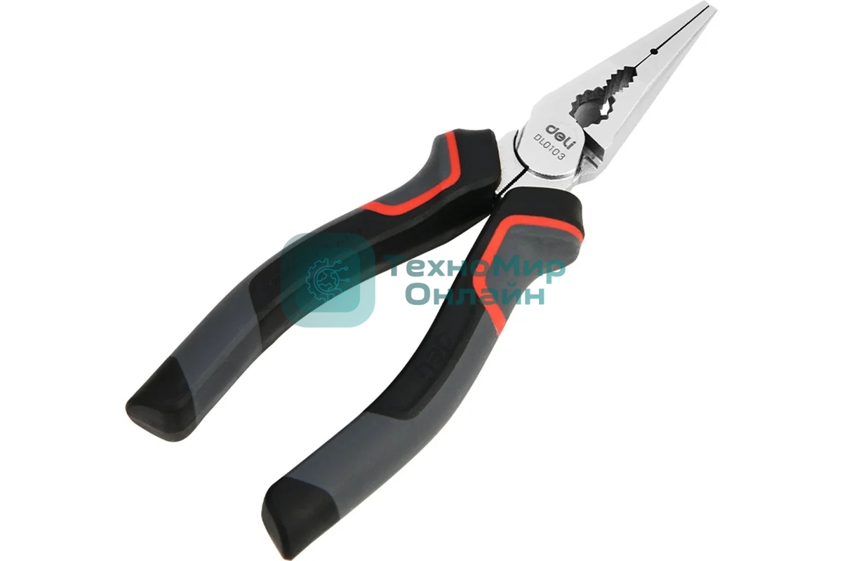 Удлиненные плоскогубцы Deli DL0103 160 мм, Cr-V, эксцентриковый шарнир, антикоррозийное покрытие, трехкомпонентная прорезиненная рукоять