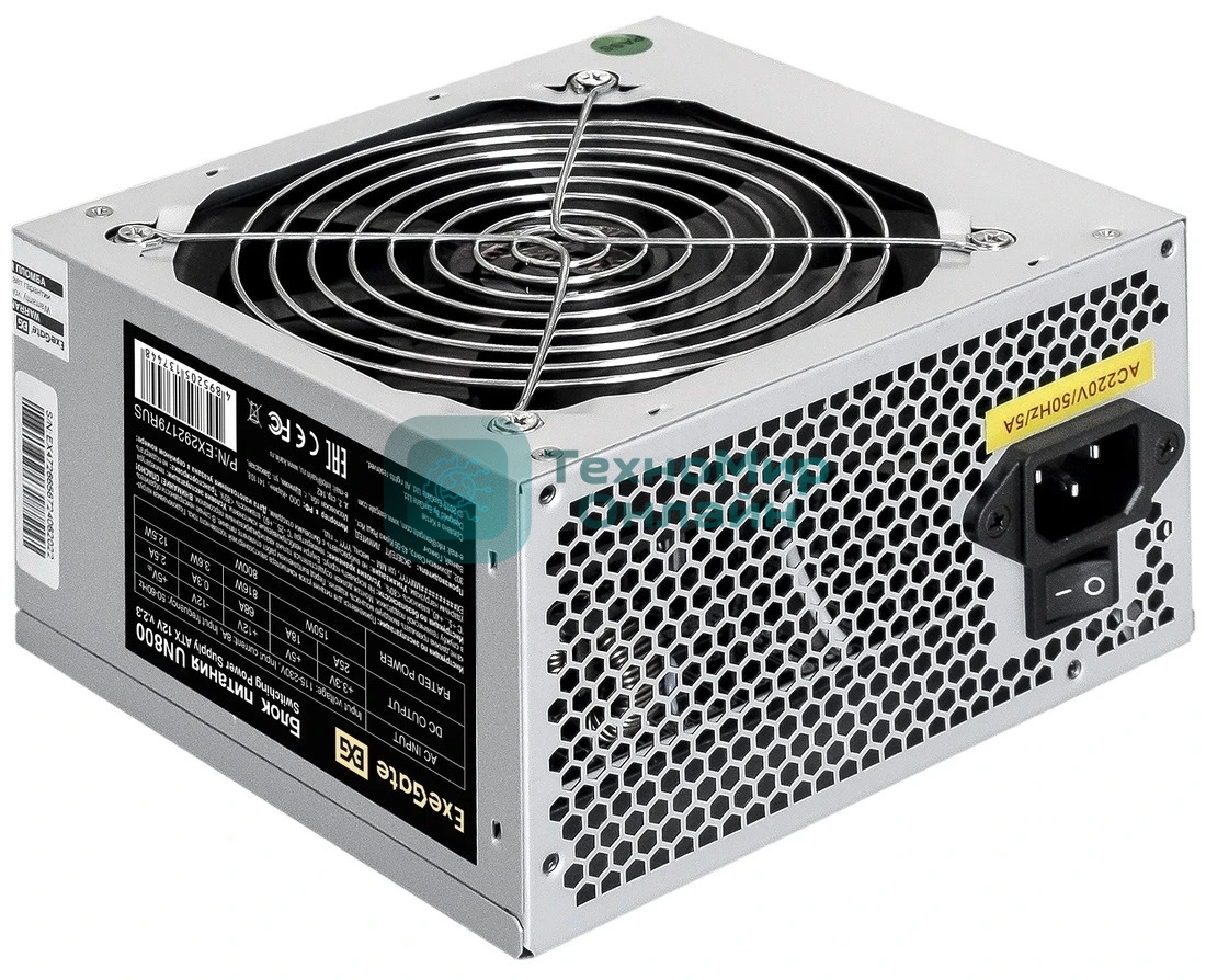 Блок питания ExeGate UN800, 800W, (ATX, SC, 12cm fan, 24pin, 2x(4+4)pin, 2xPCI-E, 5xSATA, 3xIDE, кабель 220V 1,8м с защитой от выдергивания)