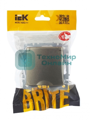 Розетка 1-местная BRITE IEK РСбш10-3-БрШ (BR-R16-16-K37) с заземлением, с защитными шторками и крышкой, 16А, IP20, шампань