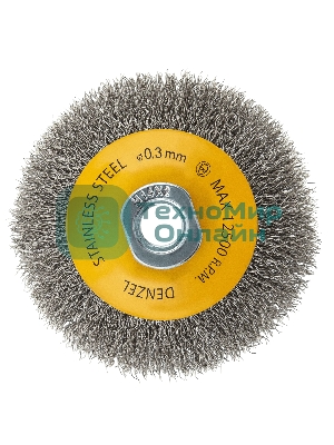 Щетка для УШМ Denzel 100 мм, М14, тарелка, витая нержавеющая проволока 0,3 мм