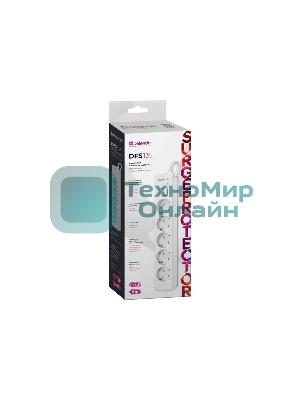 Удлинитель с сетевым фильтром Defender DFS 135, белый, 5 розеток, 5 м.