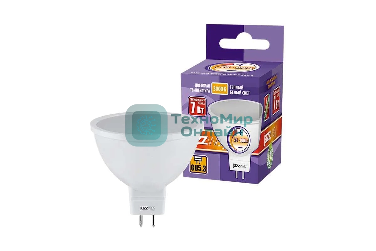 Лампа светодиодная диммируемая JazzWay PLED-DIM JCDR 7Вт 3000К теплый белый GU5.3 540лм 220-240В