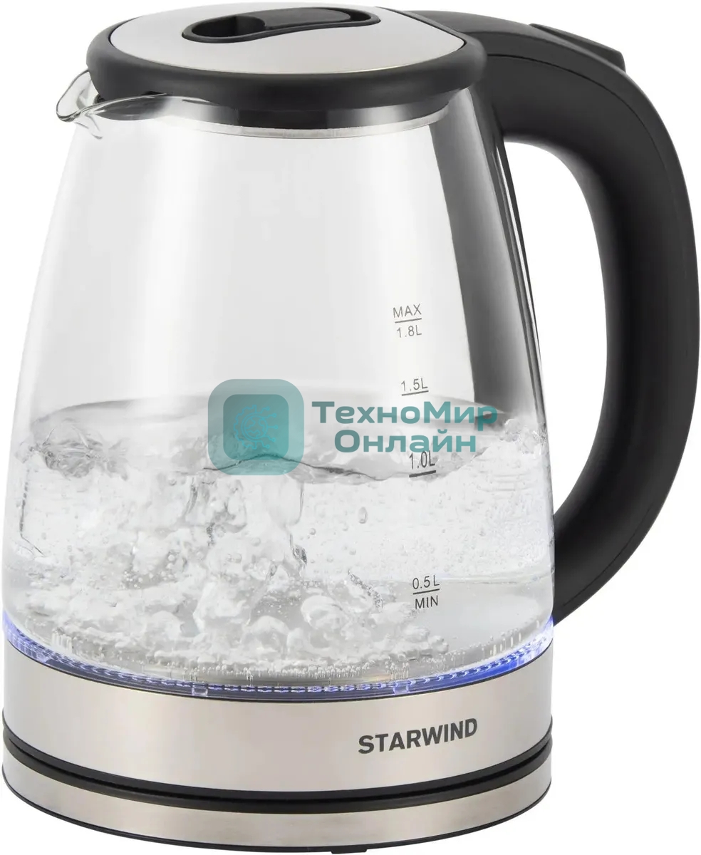 Чайник электрический Starwind SKG4777 1.8 л, 2000 Вт, черный/прозрачный (корпус: стекло)