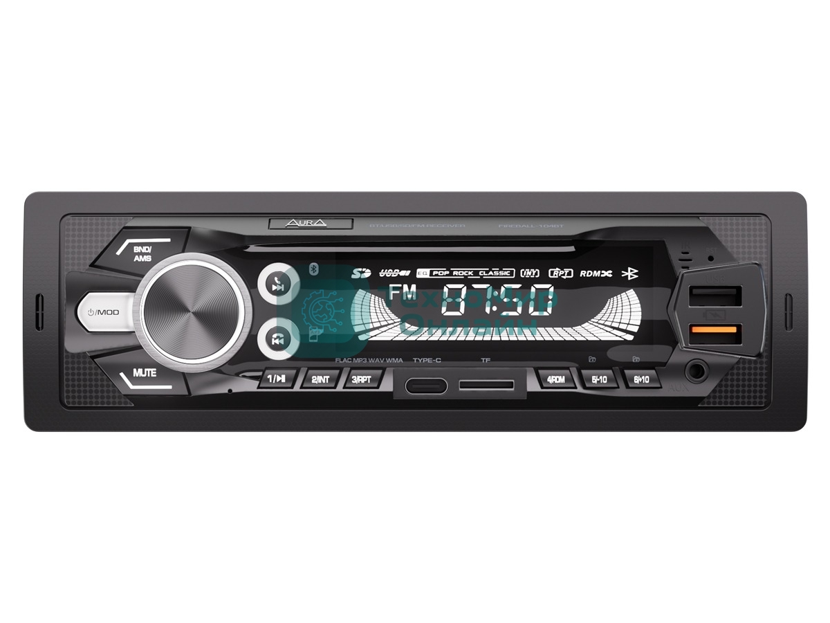 Автомагнитола AURA FIREBALL-104BT, 1 DIN, Bluetooth, USB Type-A, AUX
