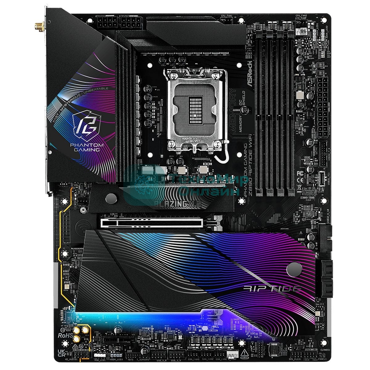 Материнская плата ASRock Z890 Riptide WiFi, LGA 1851, Intel Z890, 4xDDR5, 4xSATA, 5xM.2, 1xPCIe 5.0 x16, 1xPCIe 4.0 x16, 1xPCIe x1, 2xUSB-C Thunderbolt 4, 4xUSB-A 3.2 Gen 1, 1xUSB-A 3.2 Gen 2, 1xHDMI, 1x2.5Gb LAN, 4x3.5 мм, 7.1, ATX