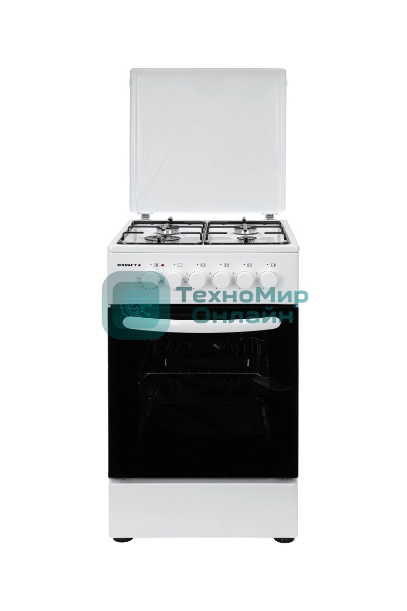Плита комбинированная Kraft KF-FSK5302EW белый, конфорок 4 газовых, духовка 58 л, 50 см x 85.5 см x 55 см