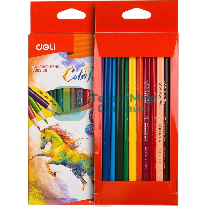 Карандаши цветные Deli EC00300 ColoRun, трехгранный профиль, тополь, 12 цветов, коробка с европодвесом