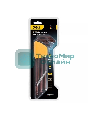 Ключ Deli Набор шестигранных ключей с шаром сверхдлинных Deli DL230809G 9 шт Cr-V, размеры 1,5,2,2,5,3,4,5,6,8,10мм, пластиковый держатель
