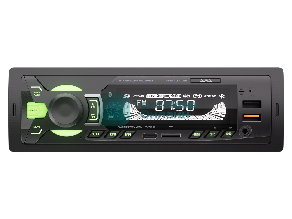 Автомагнитола AURA FIREBALL-105BT, 1 DIN, Bluetooth, USB Type-A, AUX