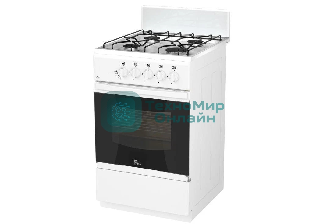Газовая плита Flama RG 24011 W белый, конфорок 4 шт, духовка 50 л, 50 см x 85 см x 60 см