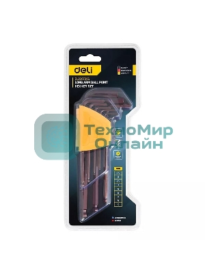 Ключ Deli Набор шестигранных ключей с шаром удлиненных Deli DL230709G 9 шт S2, размеры 1,5,2,2,5,3,4,5,6,8,10мм, пластиковый держатель