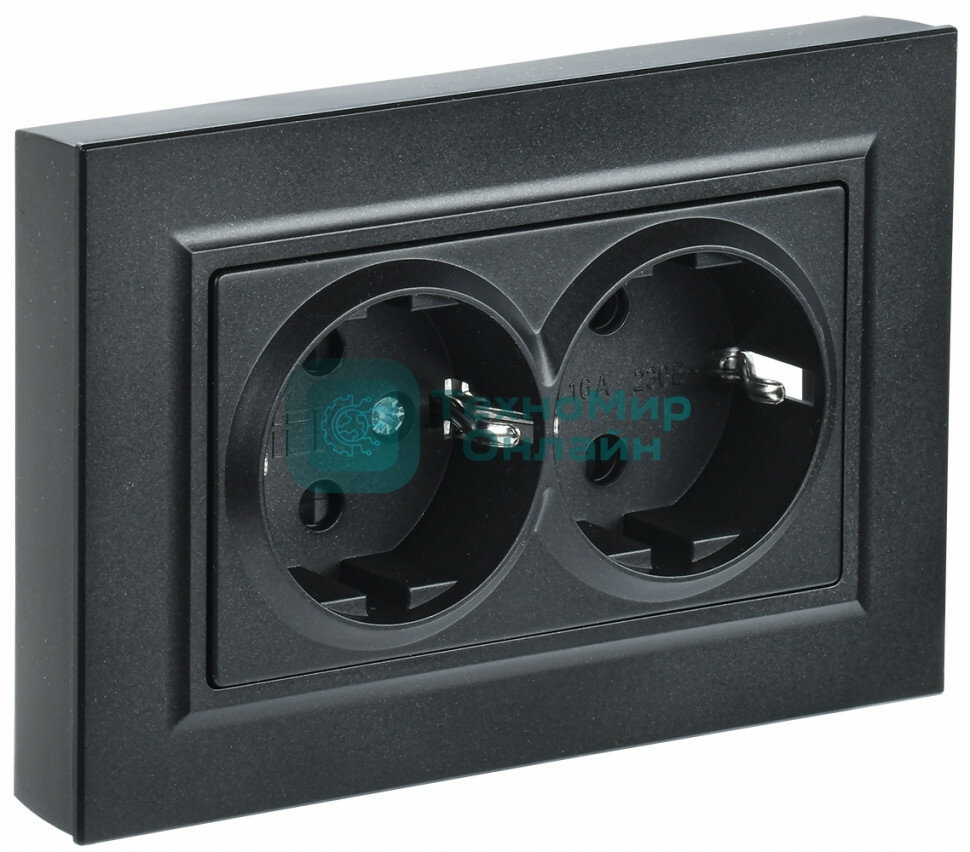 Розетка 2-местная IEK BRITE РС12-3-БрЧ с заземлением, без защитных шторок, 16А в сборе, черный