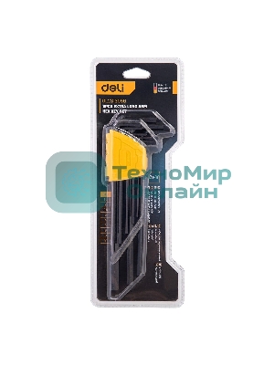 Набор шестигранных ключей сверхдлинных Deli DL231309H 9 шт Материал CR-V. Спецификация: 1,5,2,2,5,3,4,5,6,8,10мм, пластиковый держатель