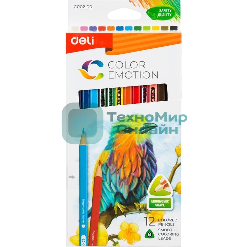 Карандаши цветные Deli EC00200 Color Emotion, трехгранный профиль, липа, 12 цветов, коробка с европодвесом (12шт)