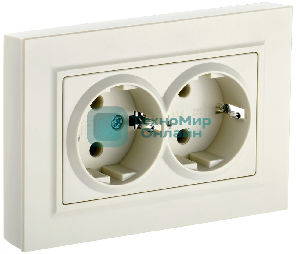 Розетка 2-местная IEK BRITE РС12-3-БрКр (BR-R21-16-K10-F) с заземлением, без защитных шторок, 16А в сборе, бежевый