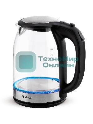 Чайник электрический 7095-VT(TR) Vitek Мощность 2200 вт.Объем 1.8 л,Материал корпуса термостойкое стекло.