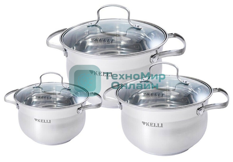 Набор посуды Kelli KL-4209 6 пред. Кастрюля с жаропрочной стекл. крышкой 2.1 л. Кастрюля с жаропрочной стекл. крышкой 3 л. Кастрюля с жаропрочной стекл. крышкой 4 л. Высококачественная нерж. сталь 18/10. 5-ти слойное капсульное дно.