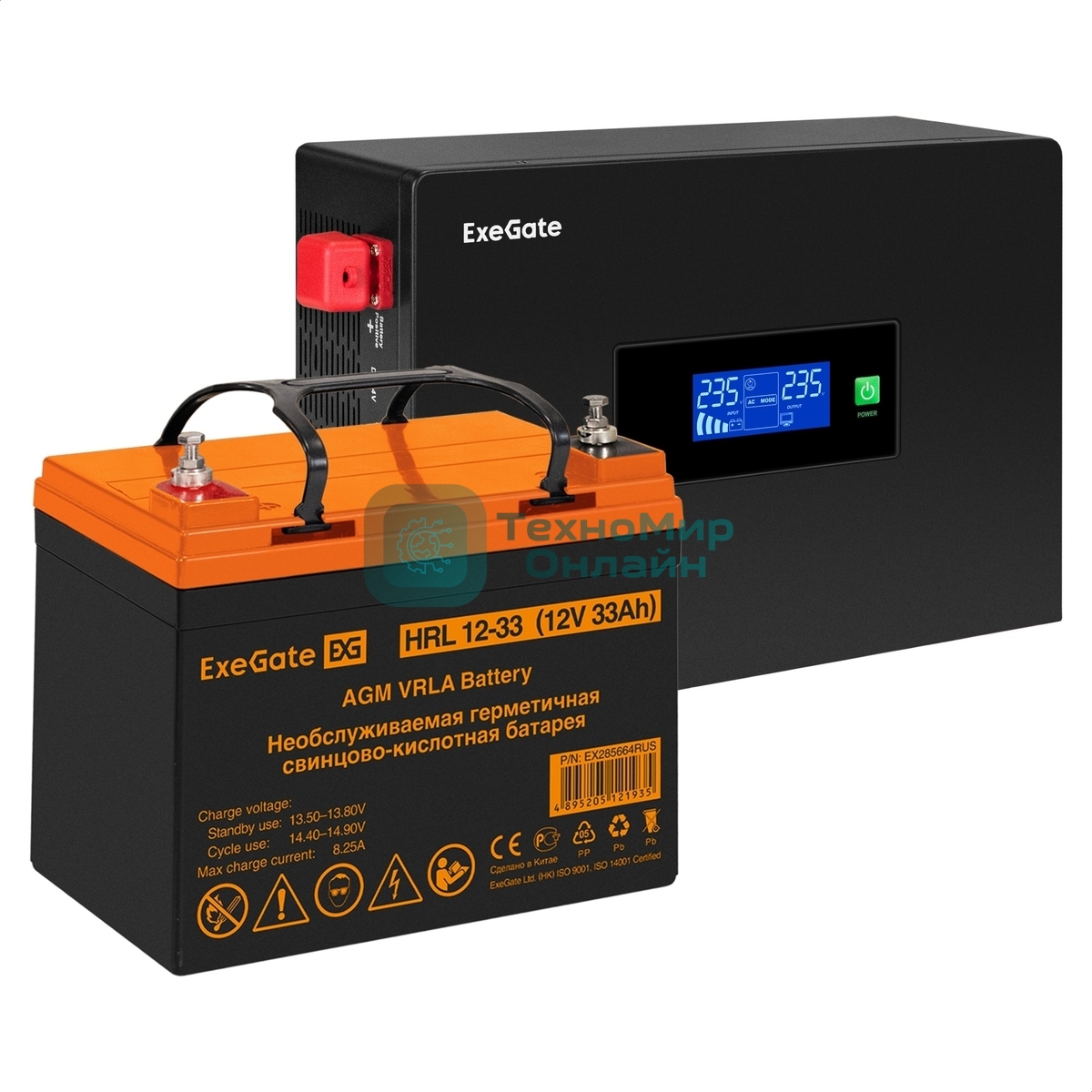Комплект Источник бесперебойного питания EX295993RUS + батарея 33Aч EX285664RUS 1шт (инвертор, синус, для котла, PF=1, настенный) ExeGate IdealSine SR-1000.LCD.2SH <1000VA/1000W, чистая синусоида, цветной LCD-дисплей, 2*Schuko, крепление настенное, Black> + батарея ExeGate HRL 12-33 (12В, 33Ач) 1шт