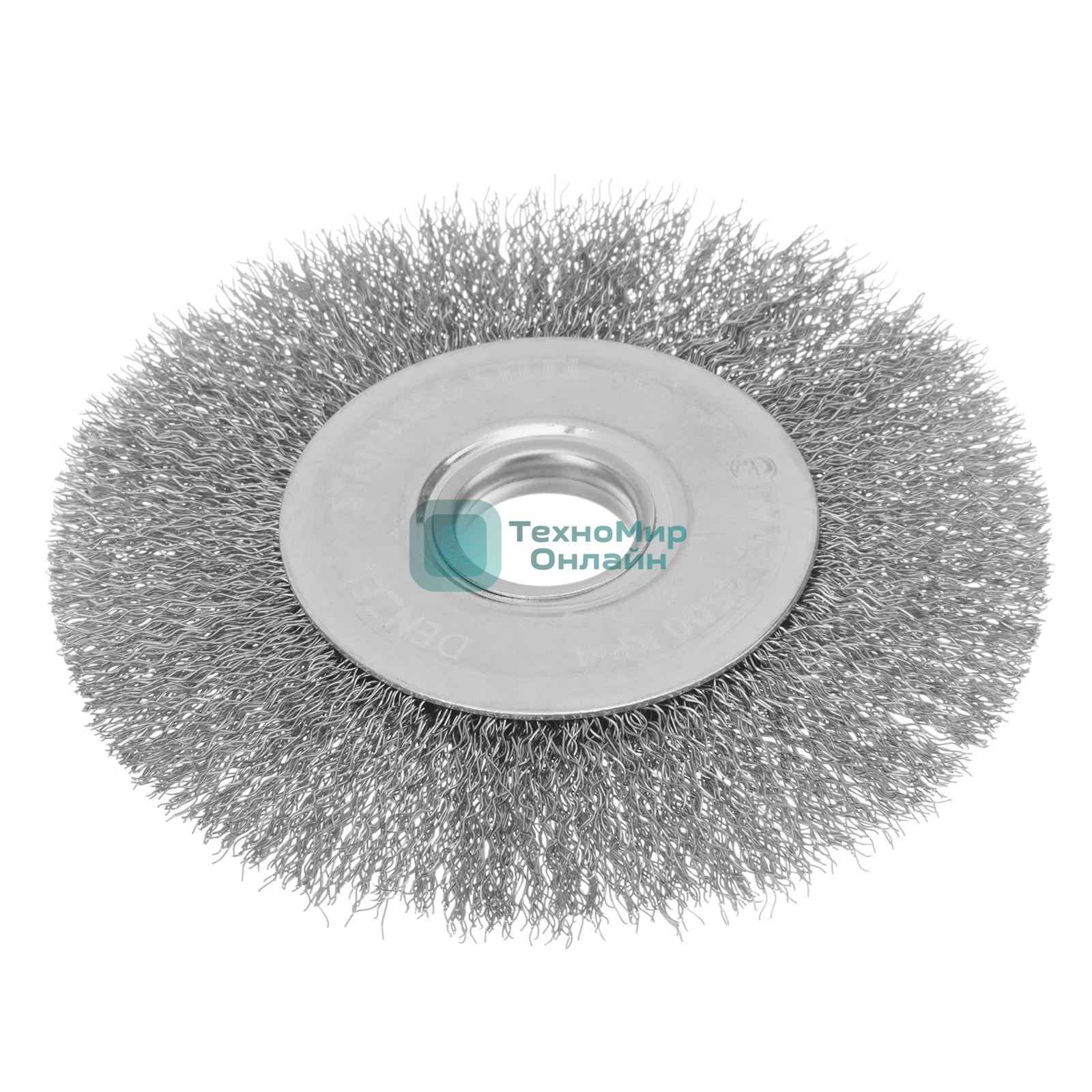 Щетка для УШМ Denzel 125 мм, плоская, витая нержавеющая проволока 0,3 мм, посадка 22,2 мм