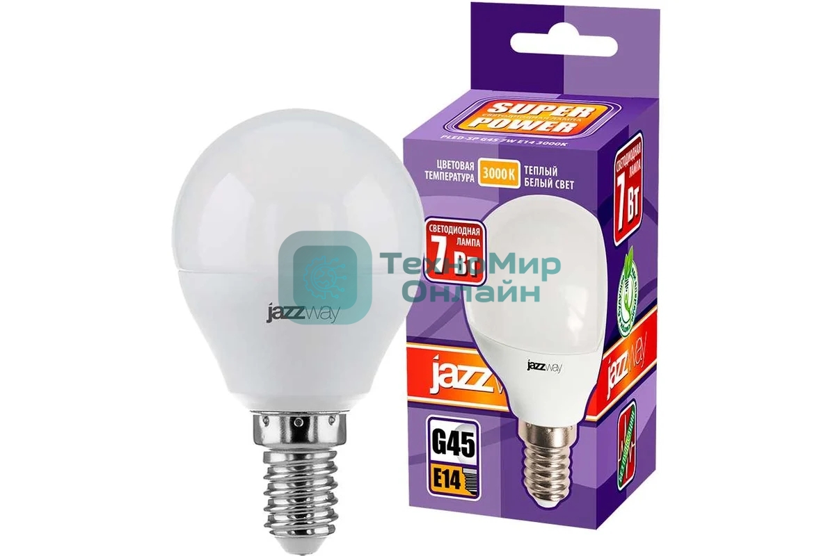 Лампа светодиодная JazzWay PLED-SP-G45 7Вт шар 3000К теплый белый E14 540лм 230В