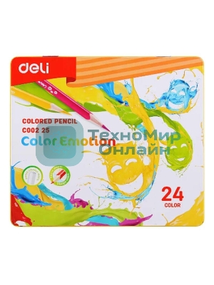 Карандаши цветные Deli EC00225 Color Emotion, трехгранный профиль, липа, 24 цвета, металлическая коробка (24шт)