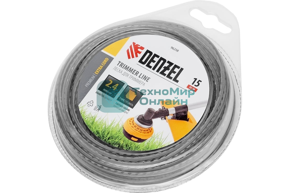 Леска для триммера Denzel двухкомпонентная зубчатый квадрат, 2,4мм х 15м, блистер EXTRA CORD