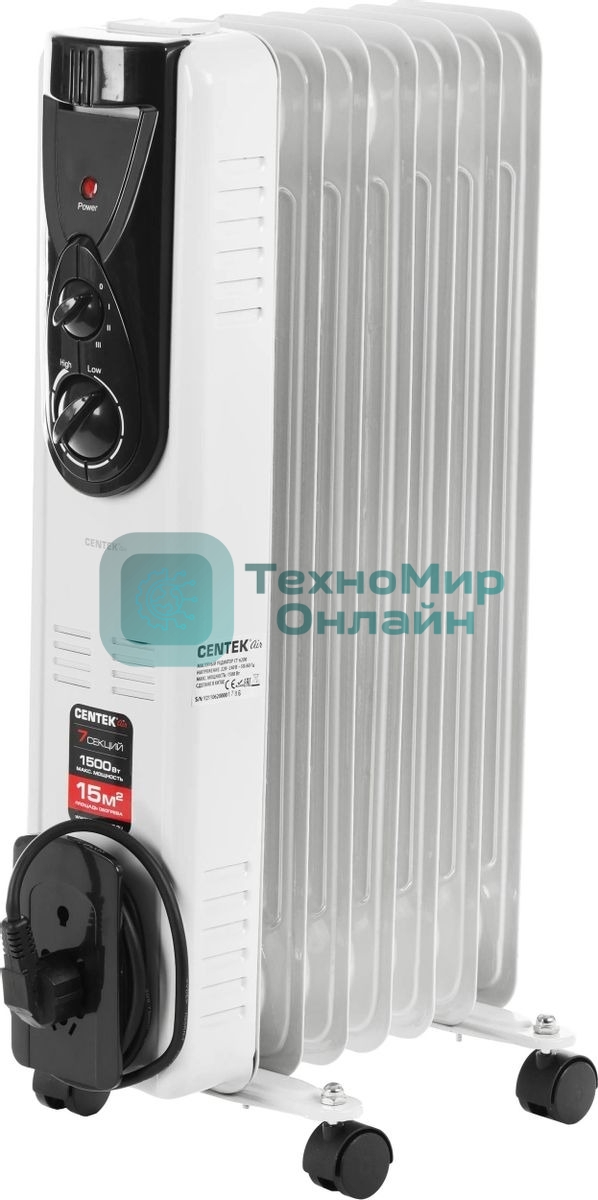Обогреватель масляный Centek CT-6200 (7 секций) белый, 700/1000/1500 Вт, 15 м2, термостат