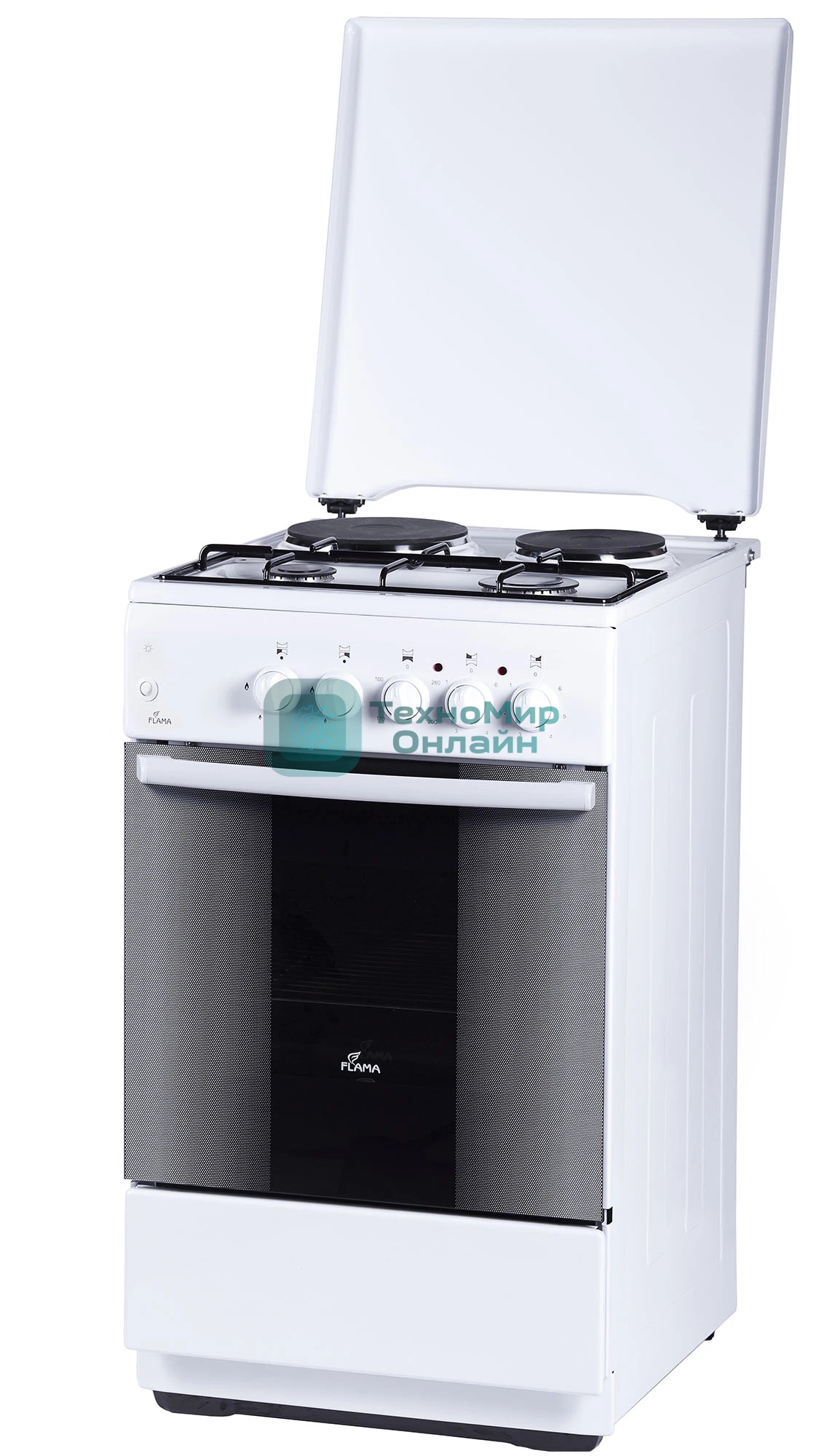 Плита комбинированная Flama RK 2211 белый, конфорок 4 шт, духовка 50 л, 50 см x 85 см x 60 см