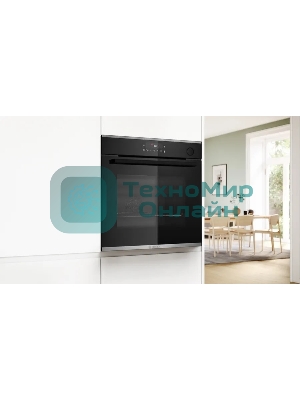 Встраиваемый духовой шкаф Bosch HRG232EB3 Serie 4 с добавлением пара Bosch, Auto Pilot 15, объем 71 л, 8 режимов нагрева, 3D Hotair, Soft move door,телескопические направляющие 1уровень,гидролиз+каталитическая очистка задней стенки,сенсорное управление,черный+профиль из нержавеющей стали