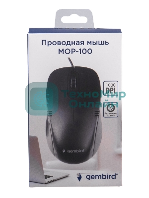 Мышь проводная Gembird MOP-100 черный, 1000 dpi, USB, кнопки - 3