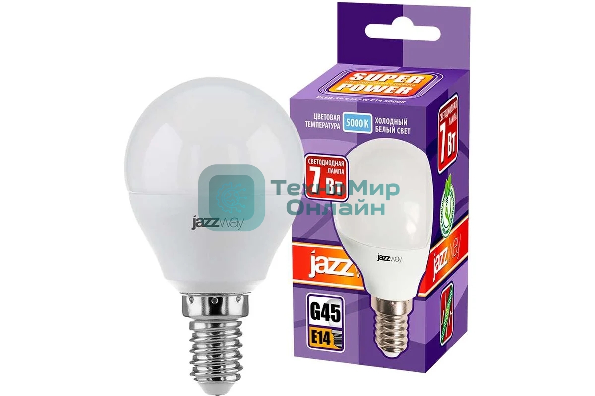 Лампа светодиодная JazzWay PLED-SP-G45 7Вт шар 5000К холодный белый E14 540лм 230В