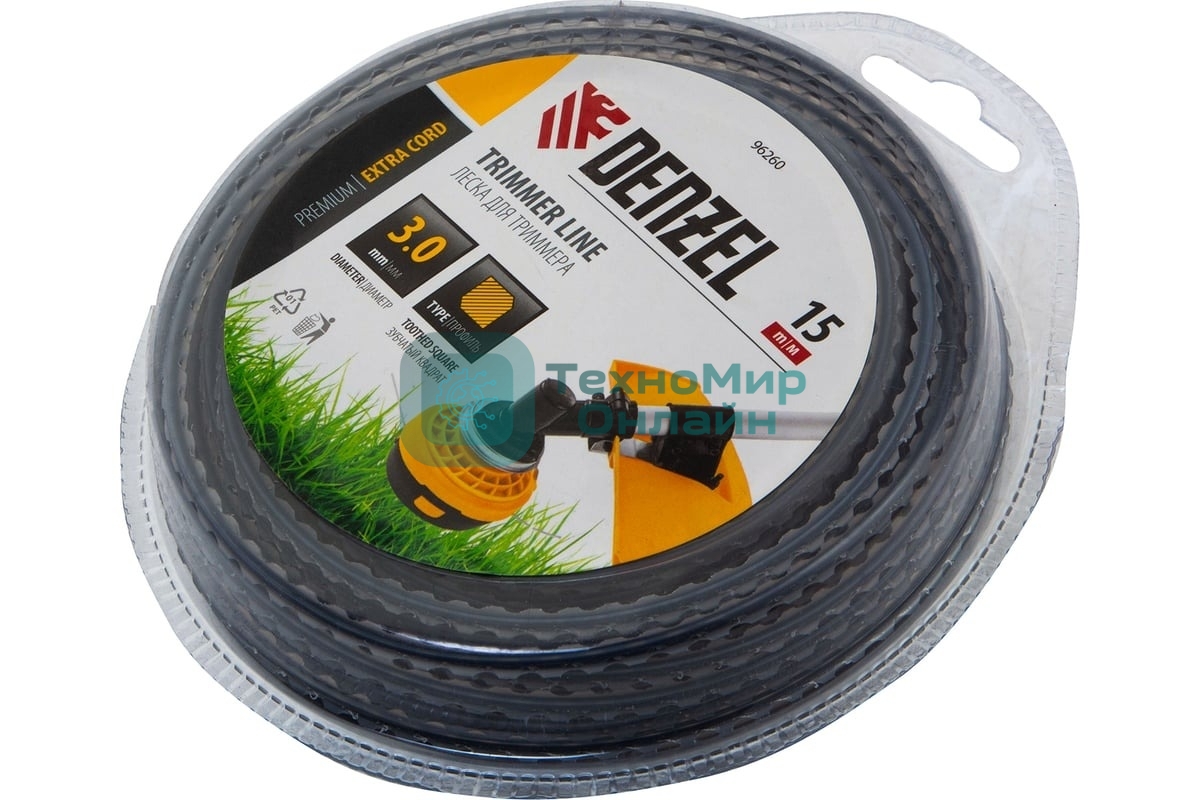 Леска для триммера Denzel двухкомпонентная зубчатый квадрат, 3,0мм х 15м, блистер EXTRA CORD