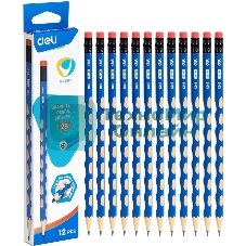 Карандаш чернографитный Deli EC016-2B U-Touch 2B, трехгранный, (12шт) ластик