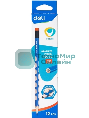 Карандаш чернографитный Deli EC016-2B U-Touch 2B, трехгранный, (12шт) ластик