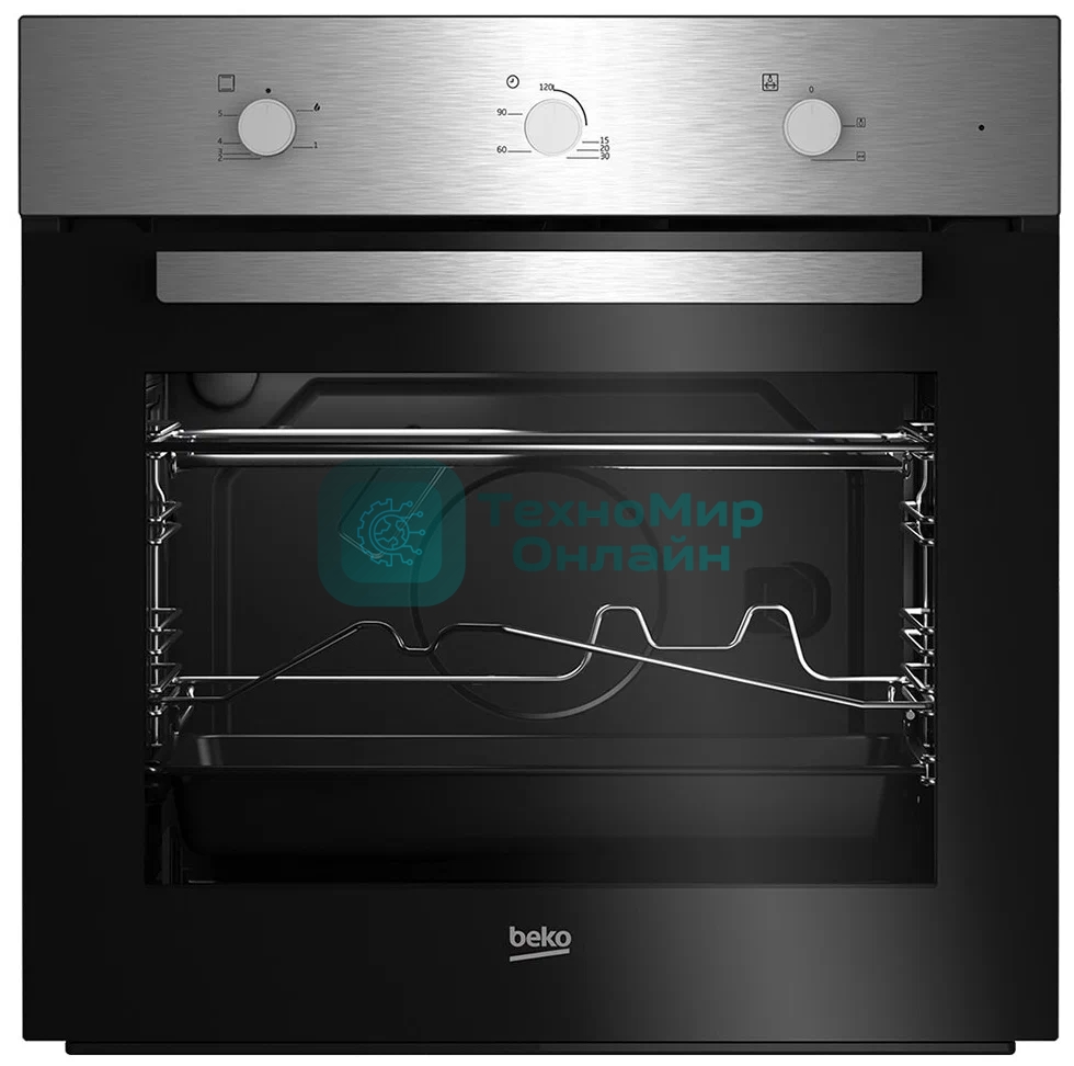 Газовый духовой шкаф Beko BBIGT21100X с откидным электрическим грилем; автоматический электроподжиг; поворотные переключатели; металлические направляющие; объем - 72л; 3 стекла дверцы; 1 решетка; 1 противень; вертел. Цвет нержавеющая сталь; Материал панели управления Металл	нержавеющая сталь