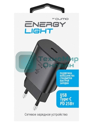 Сетевое зарядное устройство Qumo Energy light PD 25Вт, (модель 0102), порт: USB Type-C, черный
