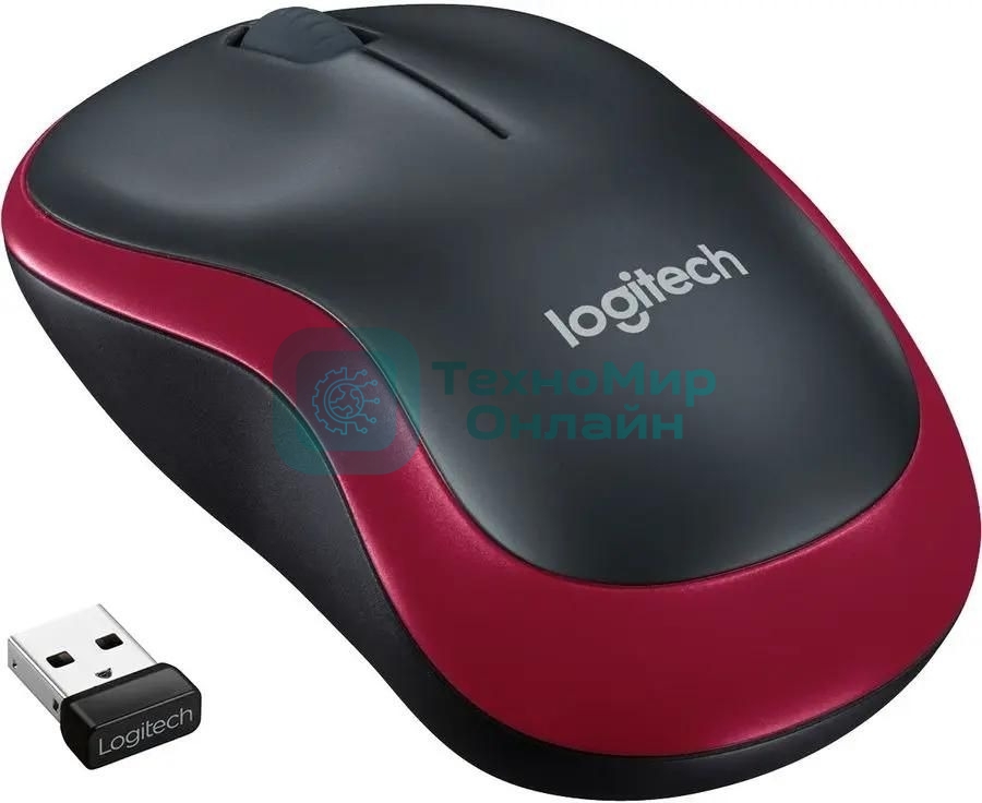 Мышь беспроводная Logitech M185, красный, 1000 dpi, радиоканал, USB, кнопки - 3