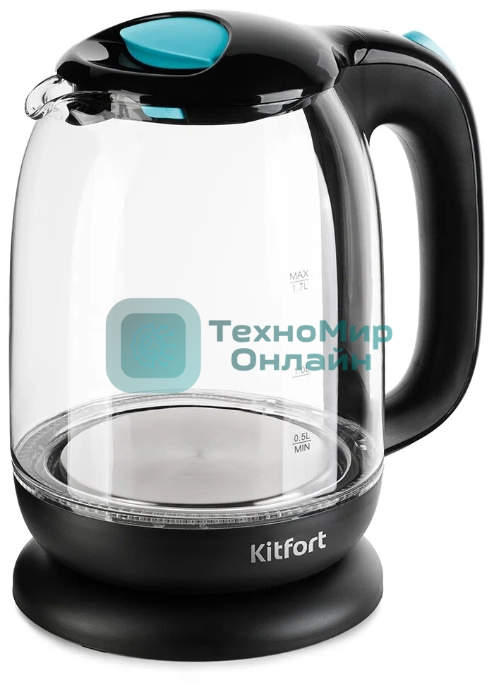 Чайник электрический Kitfort КТ-625-1 1.7л. 2200Вт черный/голубой (корпус: стекло)
