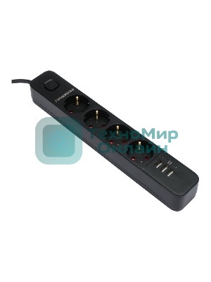 Сетевой фильтр Гарнизон 2.0 Мультипорт EPS-4-U3-B-2, 4 р, 10А, 3xUSB, 2 м, ур.защиты 2+, черный, пакет