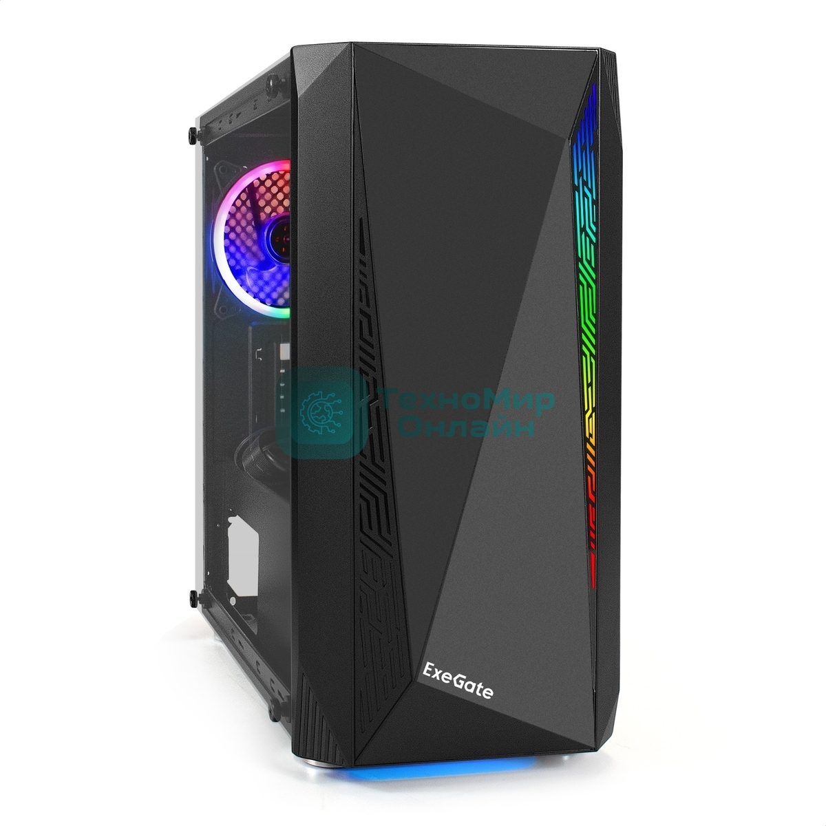 Компьютерный корпус Minitower ExeGate EX294384RUS Mistery R2 (mATX, без БП, 2*USB+1*USB 3.0, аудио, черный, 1 вент. 12см с RGb подсветкой и полоса на передней панели, боковая панель - закаленное стекло)