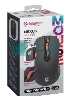 Мышь беспроводная Defender Nexus MS-195 черный, 1600 dpi, радиоканал, USB, кнопки - 4
