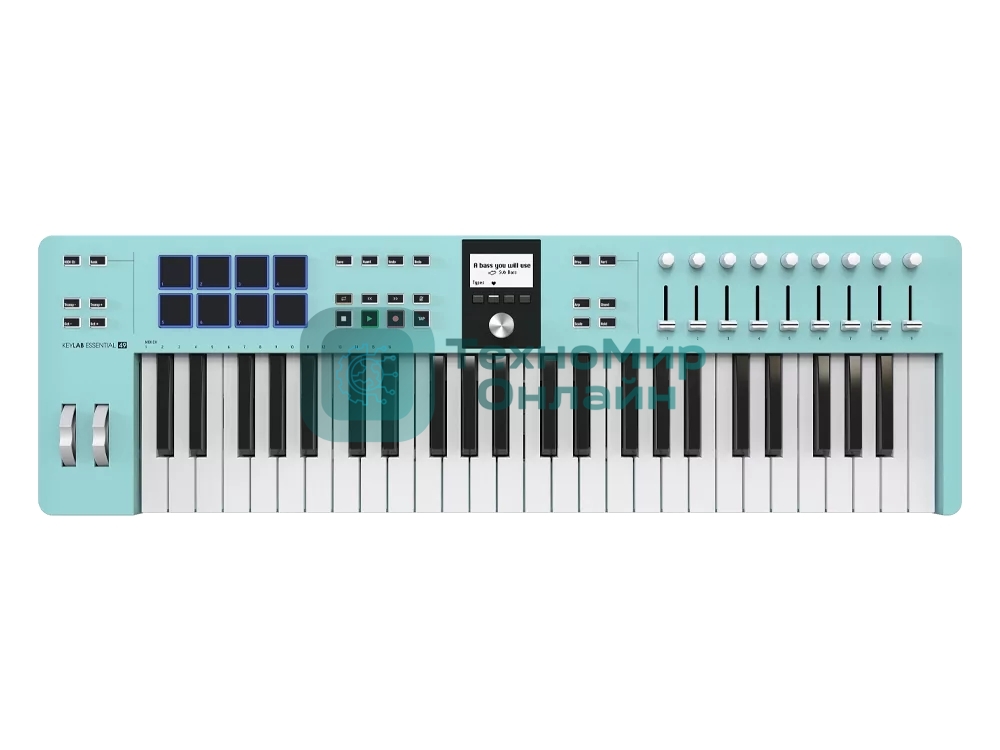 Клавиатура MIDI 231524 Arturia KeyLab Essential 49 mk3 Aquamarine 49 клавиш, LCD дисплей, 9 энкодеров, 8 пэдов, 9 фейдеров, 12 кнопок управления, колеса высоты тона и модуляции, 1/4