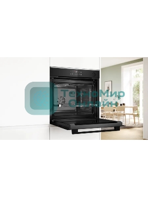 Встраиваемый духовой шкаф Bosch HRG232EB3 Serie 4 с добавлением пара Bosch, Auto Pilot 15, объем 71 л, 8 режимов нагрева, 3D Hotair, Soft move door,телескопические направляющие 1уровень,гидролиз+каталитическая очистка задней стенки,сенсорное управление,черный+профиль из нержавеющей стали