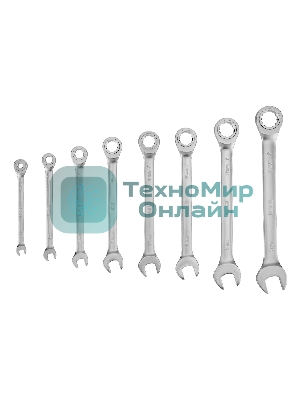 Набор ключей комбинированных трещоточных Denzel 6-19 мм, 8 шт., CrV, матовый хром